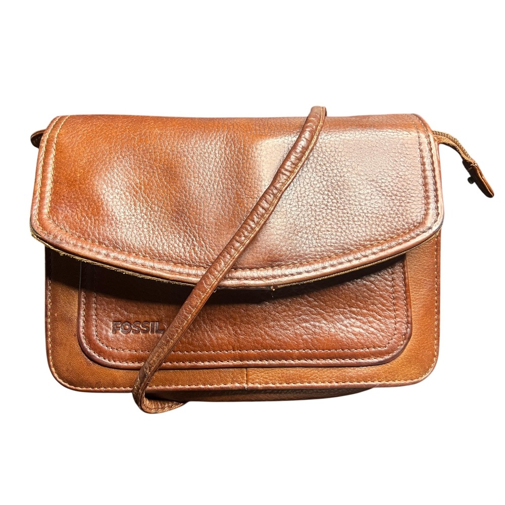 Fossil Brown Leather Crossbody Bag Wallet Organizer Vintage Distressed Cognac